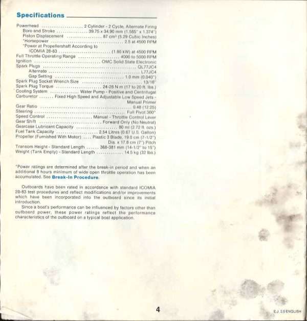 Johnson 2.5HP Outboard 1980 Two Stroke specifications and dimensions